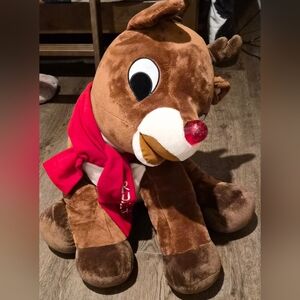 Brown Plush Reindeer with Red Scarf. His Nose Blinks! Press His Ear!
